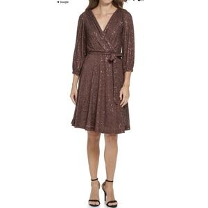 DKNY Sequin Faux Wrap Dress Brown Long Puff Sleeve Stretch Women's Size 6 NWT